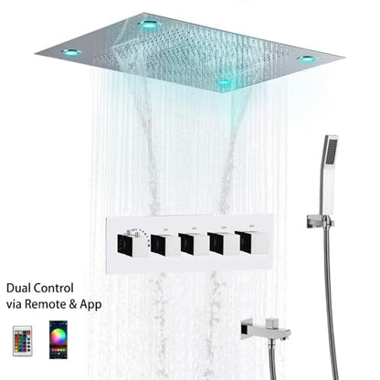 Cascada Classic Design 31 Inch (600mmx800mm) Large Rain Shower Set with Waterfall LED Rectangle recessed ceiling-mount 4 Function shower head (Brushed Nickel) - color: Brushed Nickel