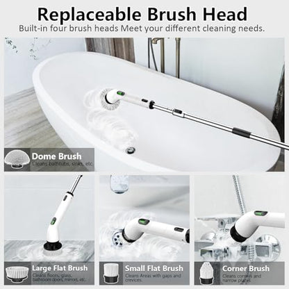 Electric Spin Scrubber, Full-Body IPX7 Waterproof Bathroom Scrubber,4 Replacement Head for Adjustable Extension Handle Electric Cleaning Brush for Bathroom, Tub, Tile