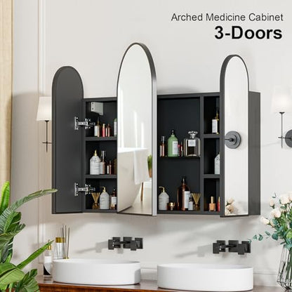 Triple Arched Black Medicine Cabinet, 3 Doors, 31X28Inch Surface Mount Bathroom Cabinet with Trifold Arched Mirror, Metal Edge - color: Brushed Black