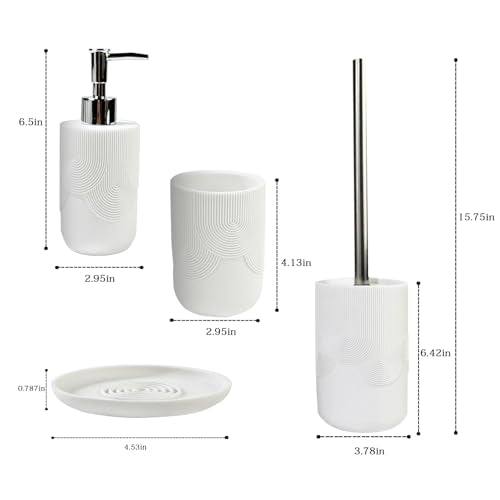 4 pcs Resin Bathroom Accessories Set,Luxury Ribbed Bathroom Decor Set | White bathroom accessory sets with Soap Dispenser, Toothbrush Tumbler, Soap Dish & Toilet Brush Holder, Easy-to-Clean Modern