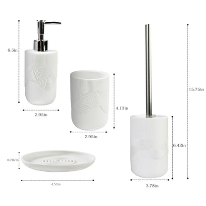 4 pcs Resin Bathroom Accessories Set,Luxury Ribbed Bathroom Decor Set | White bathroom accessory sets with Soap Dispenser, Toothbrush Tumbler, Soap Dish & Toilet Brush Holder, Easy-to-Clean Modern