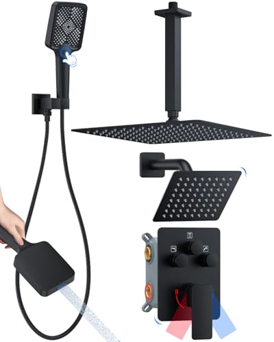 Shower System with Pressure Balance Valve, 12" Ceiling Mount Shower Faucet Set with 2 Rain Shower Head And Multi-function Handheld Head Push Button Diverter Pressure Balancing Valve Kit, Matte Black - color: Matte Black, style: 12"-Square-01