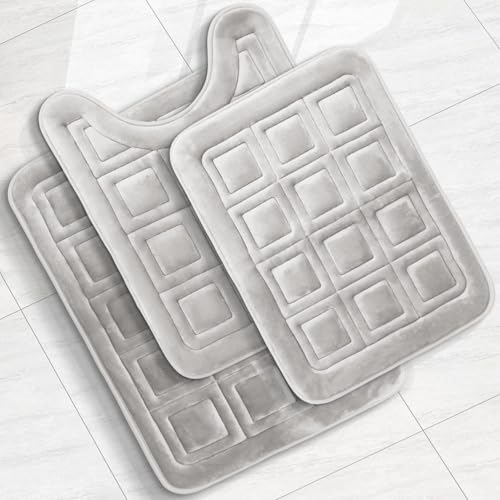 Clara Clark Set of 3 Bath Mats, Non-Slip Velvet Memory Foam Bathroom Rugs, Machine Wash, Soft and Plush Bath Rugs, 17 x 24 Inch, 20 x 32 Inch & U-Shaped 20 x 24 Inch, Waffle Design - Silver - color: Silver