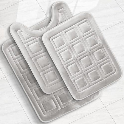 Clara Clark Set of 3 Bath Mats, Non-Slip Velvet Memory Foam Bathroom Rugs, Machine Wash, Soft and Plush Bath Rugs, 17 x 24 Inch, 20 x 32 Inch & U-Shaped 20 x 24 Inch, Waffle Design - Silver - color: Silver