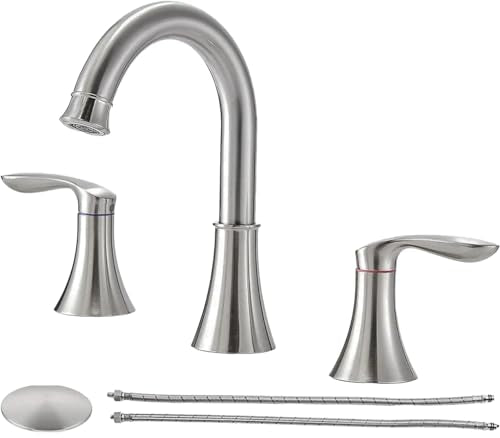 Friho 8 Inch Widespread 3 Hole Bathroom Faucet, Brushed Nickel Lead-Free 2-Handle Vanity Faucet with Swivel Spout, Pop-up Drain & Supply Hoses - color: Brushed Nickel-1