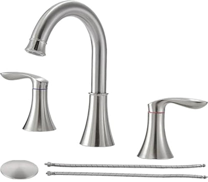 Friho 8 Inch Widespread 3 Hole Bathroom Faucet, Brushed Nickel Lead-Free 2-Handle Vanity Faucet with Swivel Spout, Pop-up Drain & Supply Hoses - color: Brushed Nickel-1