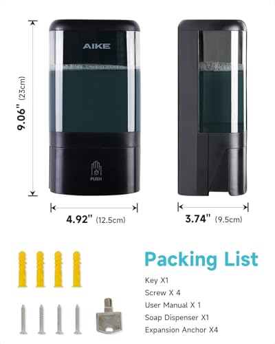 AIKE Wall Mount Foaming Soap Dispenser for Bathrooms,40 oz AK1007F,Black | Screw Wall Mount Install Design for Space-Saving,Transparent Pot with Key and Large Capacity for Commercial Bathroom,AK1007F