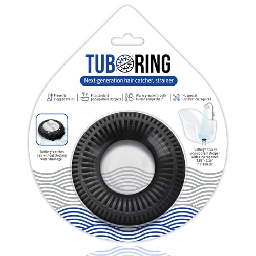 TubRing Pop-Up Drain Protector & Strainer Silicone Hair Catcher, Black | Easy snap-in design fits around bathtub stoppers. Customizable utility guard for clog prevention. Fits 1.85"- 2.16" drains. - color: Black