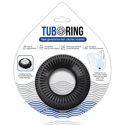 TubRing Pop-Up Drain Protector & Strainer Silicone Hair Catcher, Black | Easy snap-in design fits around bathtub stoppers. Customizable utility guard for clog prevention. Fits 1.85"- 2.16" drains. - color: Black