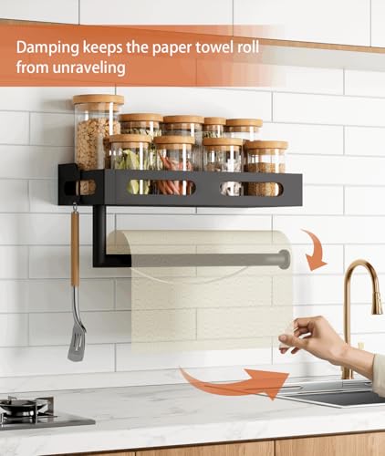 Paper Towel Holder Wall Mount for Kitchen, One-Handed Tear, Bathroom Paper Towel Holder with Shelf, RV Paper Towel Rack Wall Mount Paper Roll Holder with 4 Hooks, Matte Black - color: Matte Black