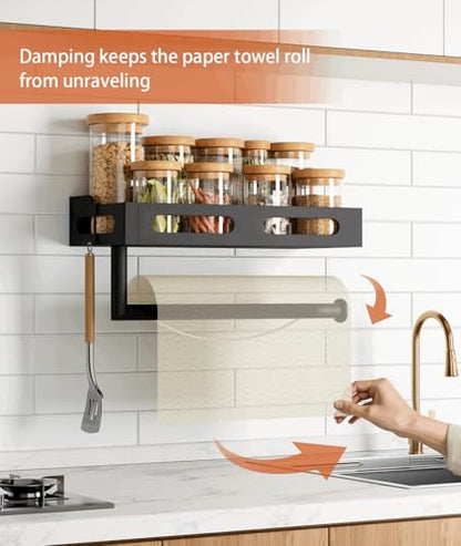 Paper Towel Holder Wall Mount for Kitchen, One-Handed Tear, Bathroom Paper Towel Holder with Shelf, RV Paper Towel Rack Wall Mount Paper Roll Holder with 4 Hooks, Matte Black - color: Matte Black