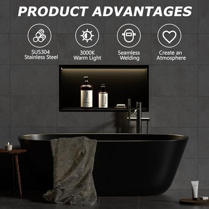Smart Body Sensor Shower Niche, Black 24"x12" | Recessed Wall Niche with White 3000K LED Light , Waterproof &Rustproof, 304 Stainless Steel Bathroom Cabinet - size: 24X12In