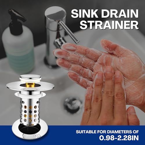 Universal Bathroom Sink Drain Strainer, Pop Up Sink Stopper Replacement, Stainless Steel Hair Catcher Drain Plug for Bathroom Sink,1 Pcs (Silver, Round Hole)
