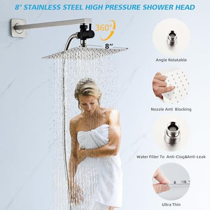 Shower Head Combo, 8 Inch Rain Shower Head with Handheld High Pressure Rainfall Shower Heads System, 15 Inch Shower Adjustable Extension Arm, Brushed Nickel - color: Brushed Nickel, style: 8 Inch with Handheld Sprayer