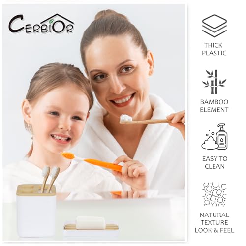CERBIOR Bamboo Bathroom Accessories Set 6 Piece Bath Ensemble(White) | Includes Soap Dispenser, Toothbrush Holder, Toothbrush Cup, Soap Dish for Decorative Countertop and Housewarming Gift - size: Complete Set, style: White