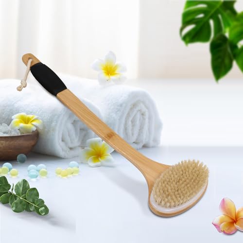 OWIIZI Back Scrub Brush for Shower,Stiff Boar Bristles Bamboo Curved Long Handle Antiskid Body Bath Brush for Back Use Wet or Dry,Deep Cleanse Large Surface Back Scrubber | 17.5" Bamboo Curved Long Handle Bath Brushes,Large Surface Deep Cleanse Back Scrub