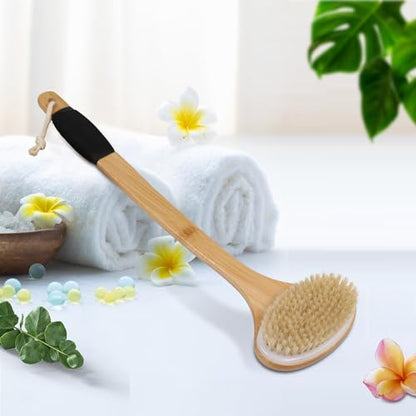 OWIIZI Back Scrub Brush for Shower,Stiff Boar Bristles Bamboo Curved Long Handle Antiskid Body Bath Brush for Back Use Wet or Dry,Deep Cleanse Large Surface Back Scrubber | 17.5" Bamboo Curved Long Handle Bath Brushes,Large Surface Deep Cleanse Back Scrub