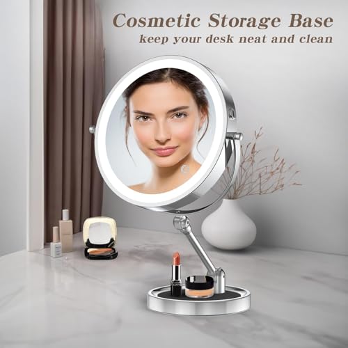 Tabletop Makeup Mirror with Built-in Vanity Tray, 9" Rechargeable 4000mAh Lighted Vanity Mirror 1X/10X Magnification, Height-Adjustable Arm, 3 Color Dimmable (9Inch Chrome) - color: 9inch Chrome
