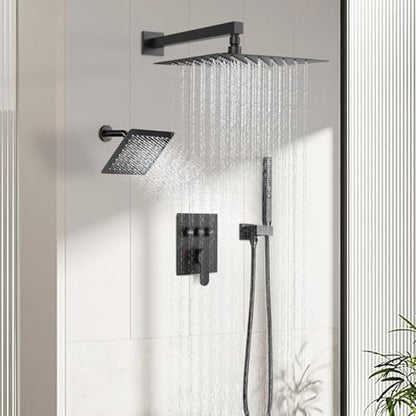 Shower Systems with Rain Shower and Handheld,STARBATH Dual Head 12+6" Rainfall Shower Can Run All Together, Wall Mount Shower Faucet Set with Pressure Balance Valve and Trim Kit, Matte Black - color: Matte Black, size: 6+12 inch-08