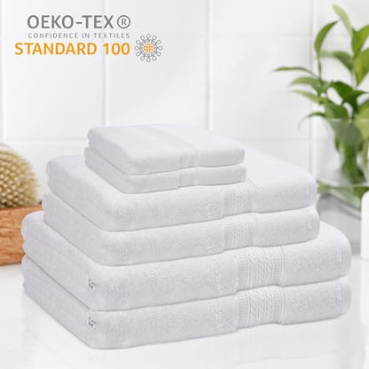 ESSELL 24/7 6 Piece White Bath Towel Set, 2 Bath Towels, 2 Hand Towels, 2 Washcloths, 100% Cotton, Durable, Quick Dry & Light Weight, Aurora Collection - color: White