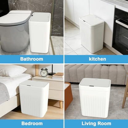 Naisu 4 Gal Bathroom Trash Can with Lid,Automatic Garbage Can with Touchless and Sealed Design,Slim Motion Sensor Waterproof Plastic Trash Bin Suitable for Bedrooms,Bathrooms,Kitchens（2 Pack, White）