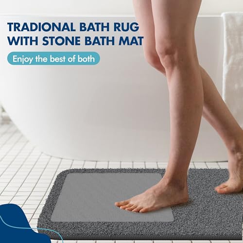 2-in-1 Stone Bath Mat with Rug – Diatomaceous Earth + Microfiber Fusion Mat for Bathroom – Ultra Absorbent, Quick-Dry, Non-Slip, Easy to Clean – Includes Gift Box & Tote