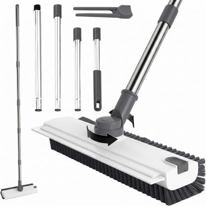 3-in-1 Floor Scrub Brush with Long Handle, Floor Scrubber with Squeegee Tweezers, Adjustable Heavy-Duty Stiff Bristle Cleaning Brush for Tile, Bathroom, Shower, Garage, Patio, Deck(White Grey) - color: White Grey