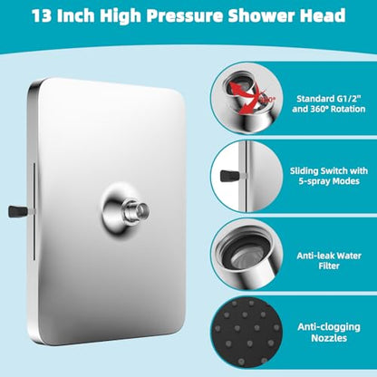 Hibbent 5 Spray Modes Shower Head, 13'' High Pressure Rain Shower Head, Large Rainfall Showerhead for Bathroom, High Flow Waterfall Fixed Showerheads with Adjustable Swivel Ball Joint, Silver - color: Silver, style: Square 13''