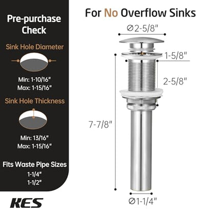 KES Bathroom Sink Drain Without Overflow Vessel Sink Lavatory Vanity Pop Up Drain Stopper Brushed Nickel Finish for 1.6"-1.9" Sink Hole, Brass and Stainless Steel, S2008D-BN - color: Brushed Nickel, style: NO Overflow, 1 Pack