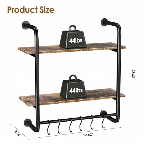 2 Tier Industrial Pipe Floating Shelf, 24" Kitchen Wall Shelves | with Towel Bar & 6 Hooks, Coffee Bar Shelves Display Bookshelf Wall Shelf for Kitchen, Bathroom, Home Décor, Rustic Brown - size: 24 Inch（2 Tier）