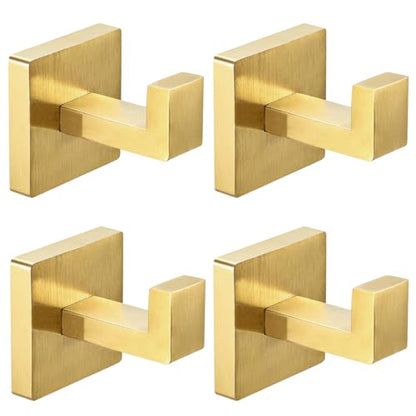 IBosins 4-Pack Towel Hooks Hand Towel Holder Bathroom Robe Hanger Coat Hook | Gold Square Bath Towel Hook Wall Mount Heavy Duty Stainless Steel Hat Hook for Living Room Bedroom Kitchen Closet - color: Gold