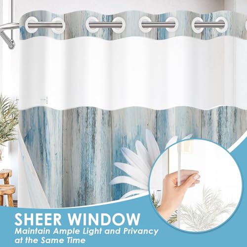 No Hook Shower Curtain with Snap in Liner 54x80 Inch Daisy Floral | Wooden Rustic Blue Modern Double Layers Waterproof Fabric with See Through Top Window Open Grommet Bath Curtain - color: Blue Daisy 2, size: 54"W x 80"L (Pack of 1)