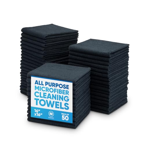 Microfiber Wholesale 16" x 16" All Purpose Towels - 50 Pack - Reusable Wash Cloths, Dust, Kitchen, Car, Shop Rags for Cleaning (Black) - color: Black, size: 50 Pack