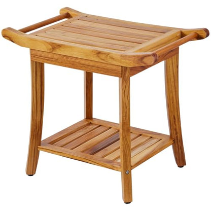 VEVOR Teak Shower Bench, 22 x 14.4 x 18.5 in, Waterproof Wood Shower Stool with Storage Shelf Handle Non-Slip Feet, 300 lbs Maximum Load Capacity Shower Chair Seat, for Bathroom Indoor and Outdoor Use - size: 22in