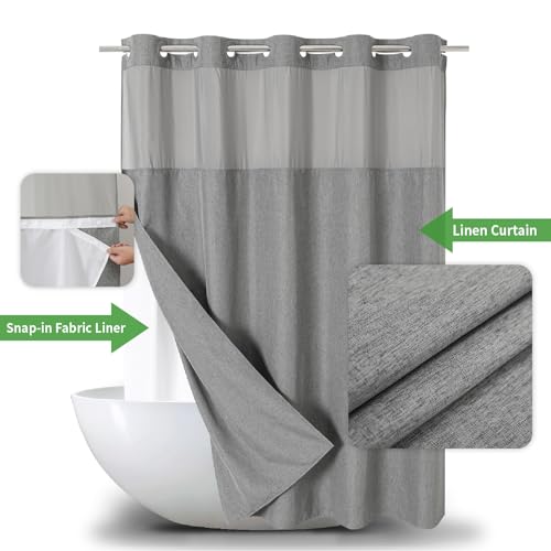 eachope No Hooks Needed Linen Textured Shower Curtain with Snap-in Fabric Liner Set,Grey Hotel Luxury Decor Shower Curtains for Bathroom,Waterproof & Washable,71Wx77H | 230GSM Thick Fabric,Hotel Luxury Decor,Mesh Top Window,Magnetic Weighted Hem,Waterproo