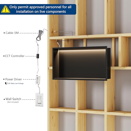 Qeke 24" X 12" Stainless Steel Shower Niche w/ 3 CCT Dimmable Light, Black | No Tile Needed Wall Niche, Recessed Niche w/ Light(3000K/4000K/6000K), IP66 Waterproof, Space Saving & Durable - color: Matte Black, size: 24" X 12"
