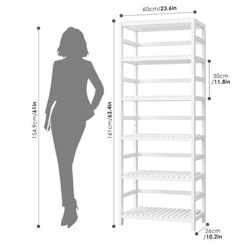FOTOSOK 6-Tier Bamboo Shelf with Adjustable Shelves, Bamboo Kitchen Cabinet | Tall Bamboo Bookshelf and Plant Shelf with 250-lb Shelf Capacity for Laundry Bathroom Kitchen Pantry Home Office - color: White