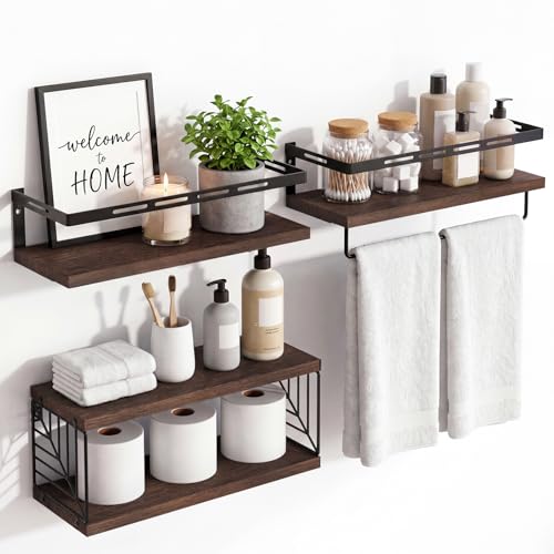 Fixwal Wall Mounted Bathroom Shelves Over Toilet (3+1 Dark Brown) | Wall Shelf with Basket Storage , Towel Bar, Solid Wood, 22Lb Capacity, Easy DIY Install - color: 6-dark Brown