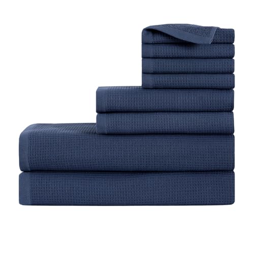 100% Turkish Cotton Dual-Sided Waffle and Terry Towel Set - Ultra Absorbent, Soft & Quick Dry - Bath Towels, Hand Towels & Washcloths (Dusty Blue, 8-Piece Complete Towel Set) - color: Dusty Blue, size: 8-Piece Complete Towel Set