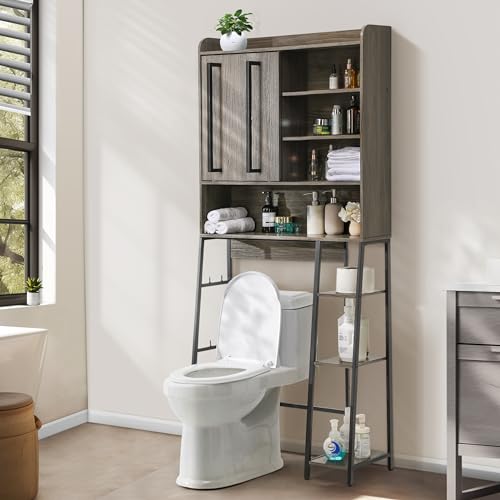 Decofy Over The Toilet Storage Cabinet, Over Toilet Bathroom Organizer with Sliding Door & Adjustable Shelf, Space-Saving Storage Cabinet for Bathroom, Laundry, Grey
