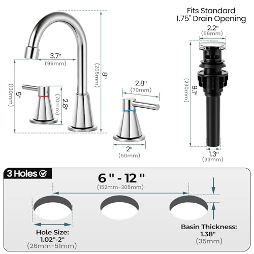 8 Inch Bathroom Faucet 3 Hole Chrome 2 Handle Bathroom Sink Faucet | Stainless Steel,360° Swivel Spout,Widespread 2 Handle Design,Includes Pop-Up Drain and Water Supply Lines,Chrome - color: Chrome