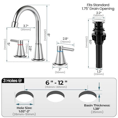 8 Inch Bathroom Faucet 3 Hole Chrome 2 Handle Bathroom Sink Faucet | Stainless Steel,360° Swivel Spout,Widespread 2 Handle Design,Includes Pop-Up Drain and Water Supply Lines,Chrome - color: Chrome