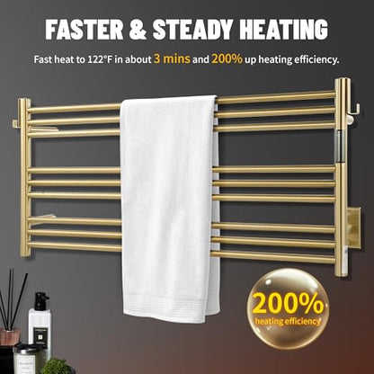 K&KALONZO Wall-Mounted 9-Bar Heated Towel Rack, Fast Heat in 2 Min, NTC Safety | 4 Timers & 3 Heat Levels Control, Plug-In/Hardwired, Top Hooks, Memory Function, Anti-Scald, Stainless Steel, EL13LG - color: Brushed Gold, size: H 19.7 x W 41.9