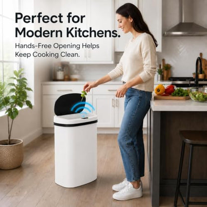 13 Gallon Kitchen Trash Can with Lid,Automatic Touchless Garbage Can for Kitchen,PP Plastic Motion Sensor Trash Can,Tall Large-Capacity Trash Bin,Hands-Free Smart Waste Bin for Home - color: White