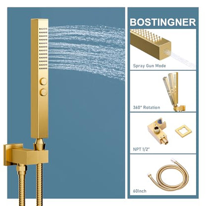 Shower System Brushed Gold Shower Faucets Sets, Bostingner 10" Rain Shower Head with 2 In 1 Handheld Spray and 4 Body Jets, Wall Mounted All Metal 3 Way Shower Set with Rough-in Valve and Trim Kit - color: Gold, size: 10 Inch