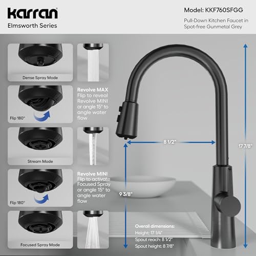 Karran Elmsworth Commercial Style Pull-Down Kitchen Faucet with Dual Interchangeable Spray Heads 5-Function Revolve MAX & 3-Function Revolve Mini Aerator High-Arc Spout (Spot Free Gunmetal Grey) - color: Spot Free Gunmetal Grey