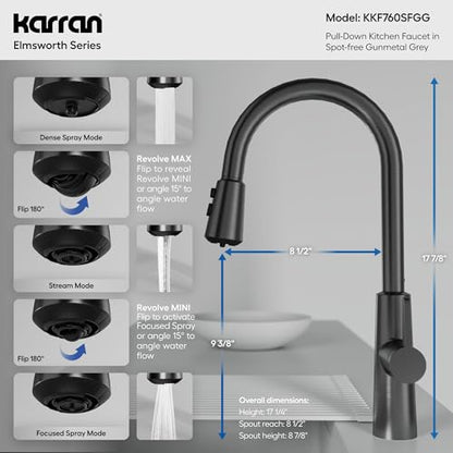 Karran Elmsworth Commercial Style Pull-Down Kitchen Faucet with Dual Interchangeable Spray Heads 5-Function Revolve MAX & 3-Function Revolve Mini Aerator High-Arc Spout (Spot Free Gunmetal Grey) - color: Spot Free Gunmetal Grey