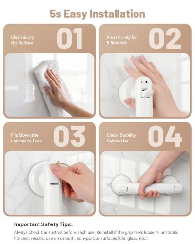 JOTPE 2026 Upgraded Suction Grab Bar for Shower,11-Inch No-Drill,White | Waterproof, removable shower grab bar mounts on smooth, non-porous surfaces without drilling for convenient balance support