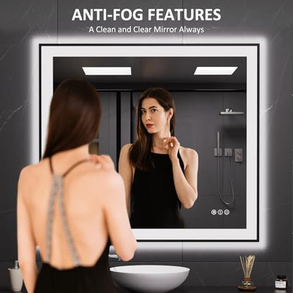 LOAAO 40"X36" LED Bathroom Mirror Black Framed | Anti-Fog, Dimmable, Memory Function, Tempered Glass, Lighted Vanity Mirror for Wall - size: 40"L x 36"W