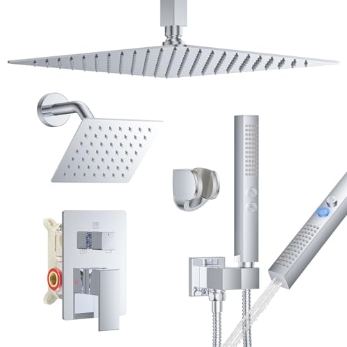 Rain Shower System 12" & 6" Dual Shower Heads Ceiling Shower Faucet Set | Ideal for bathroom remodels and upgrades with 12" rain shower, 6" angled shower, handheld spray and complete valve kit. - color: Polished Chrome, size: Ceiling Mounted - 12"+6" Show